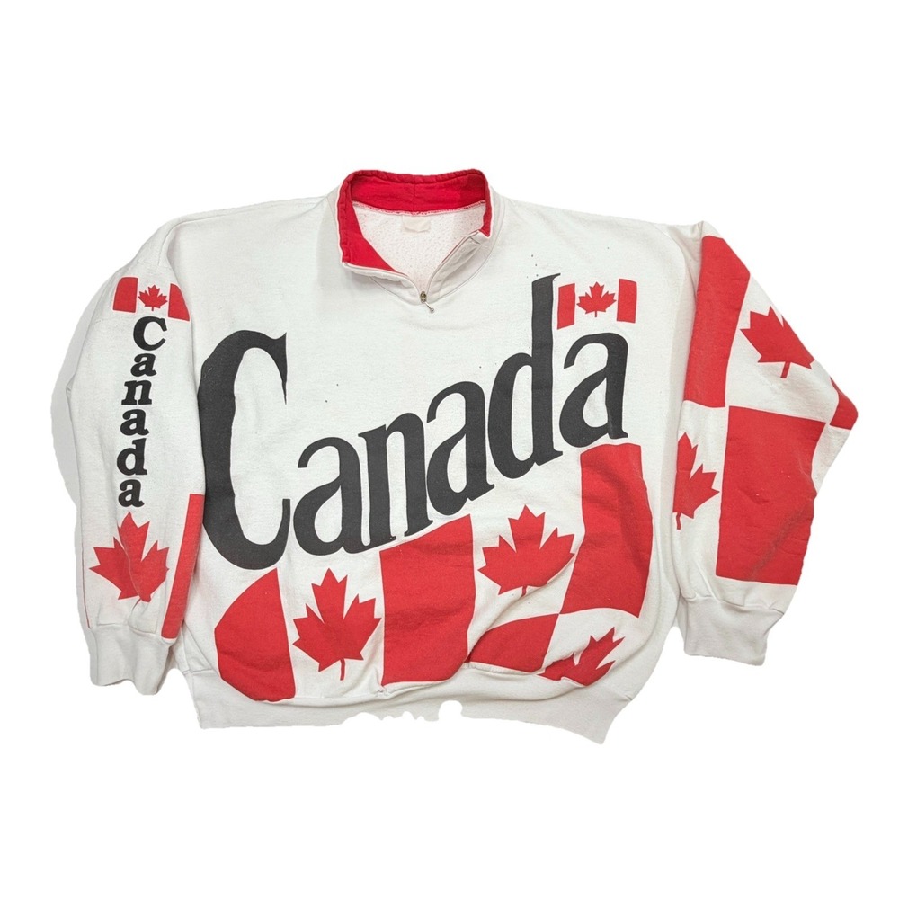 Vintage Canada All Over Print Quarter Zip Sweatshirt White Red Flags‎ Large USA
